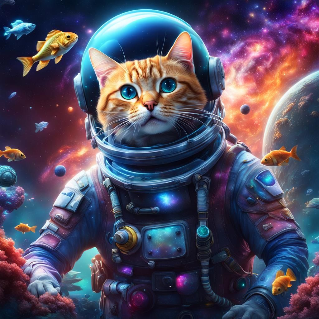 Cat Astronaut Observes Colorful Space Scene
