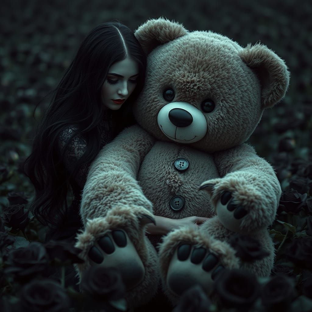 Gothic Woman Finds Comfort in a Haunting Teddy Bear