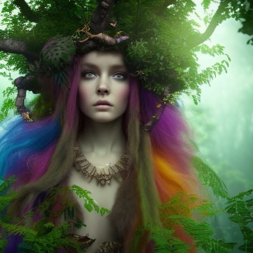 Rainbow Druid Girl in Enchanted Forest