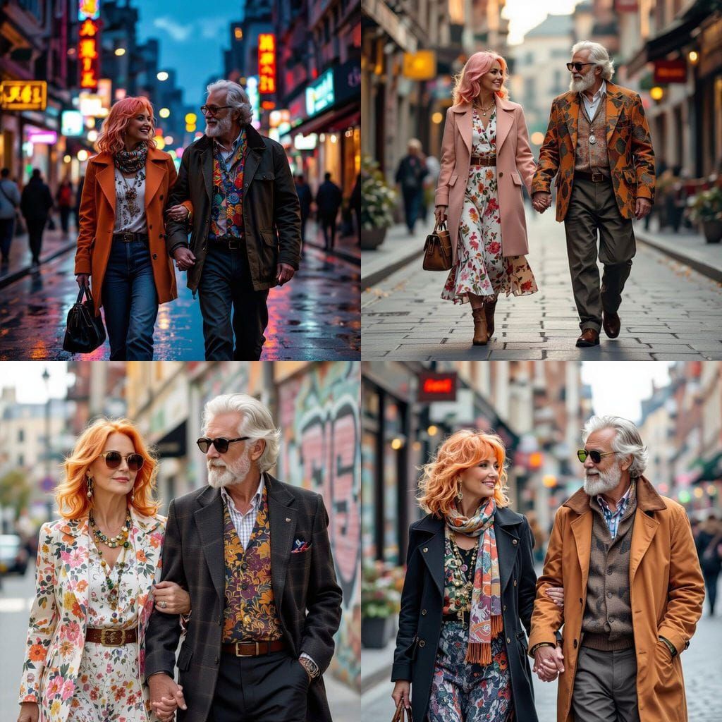 Peach-Haired Woman and Stylish Older Man Walk Hand in Hand