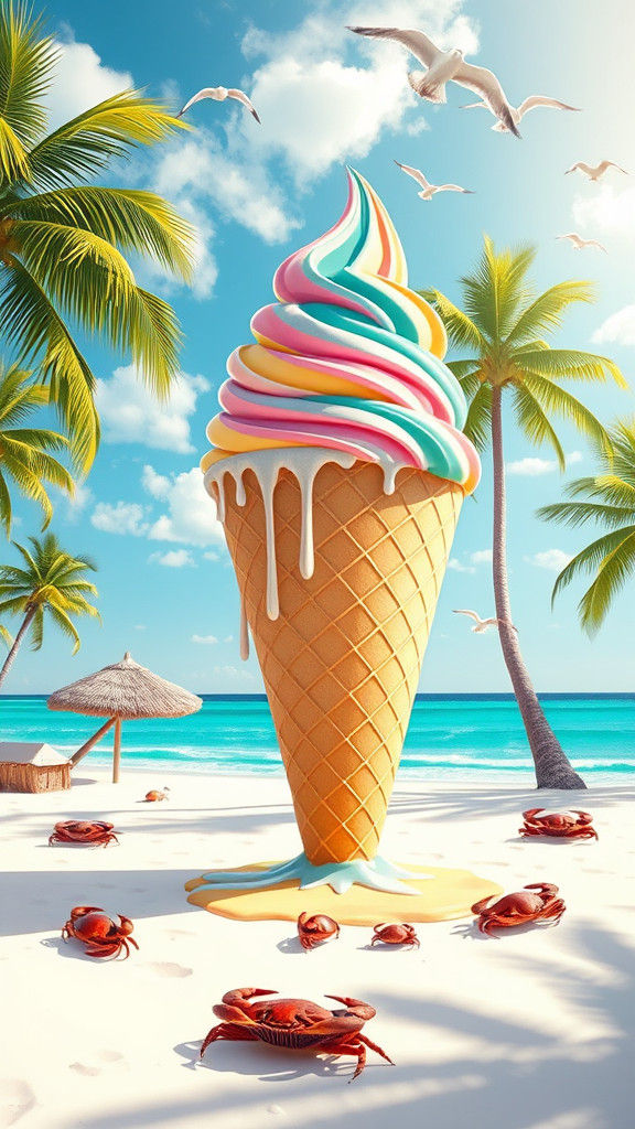 Melting Ice Cream Cone on Tropical Beach, Whimsical Art