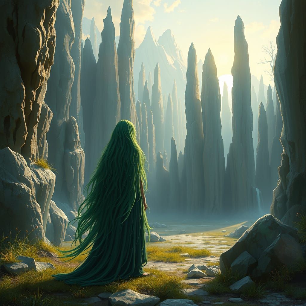 Emerald-Haired Druidess in Crystalline Forest, Matte Paintin...