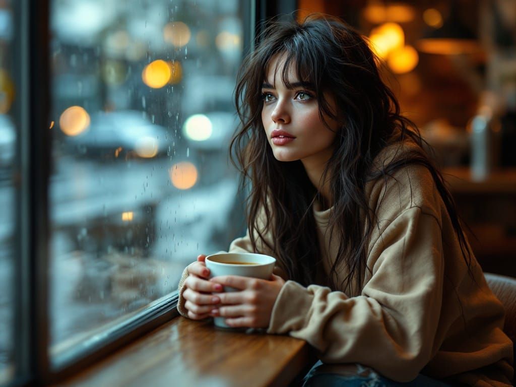 Hyper-Realistic Coffee Shop Scene in Soft, Dramatic Lighting