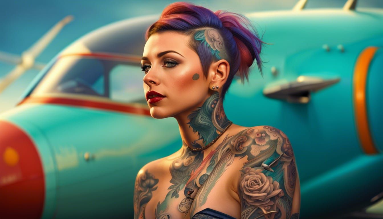 Modern Pinup: Tattooed Woman with Airplane, Splash Art