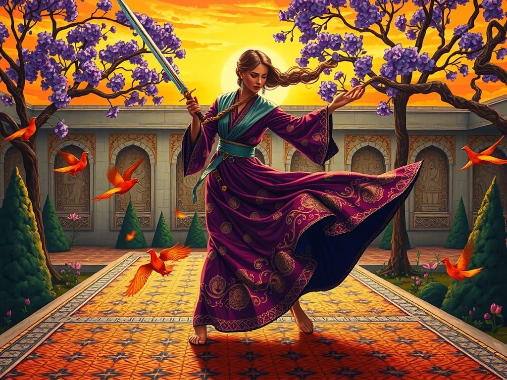 Surreal Persian Fantasy Scene Depicts Female Warrior in Divi...