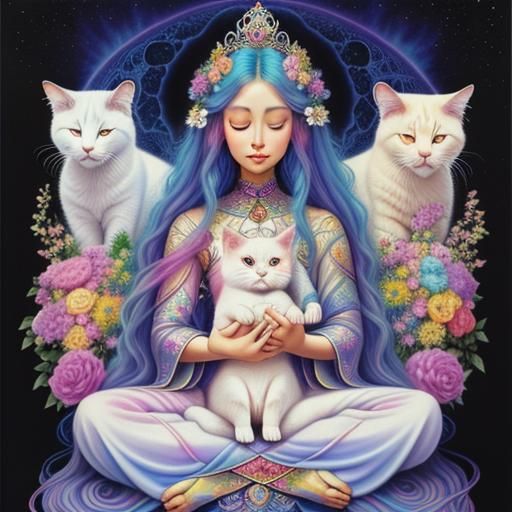Meditating with Siamese Cats: Cosmic Astral Illustration