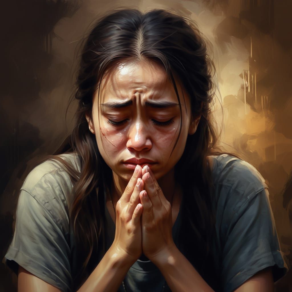 Emotional Portrait of Praying Woman in Oil Painting Style