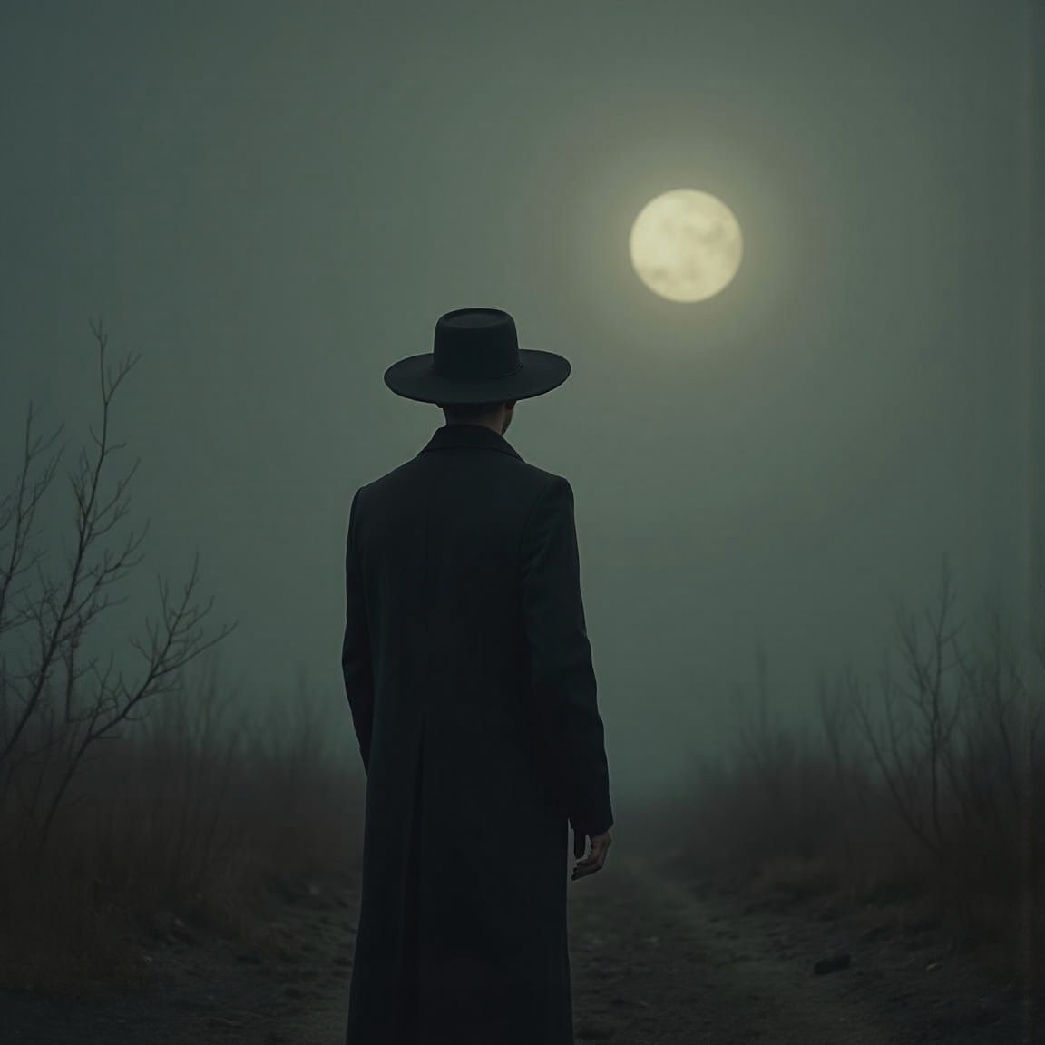 Misty Moonlit Silhouette: Man in Straw Hat