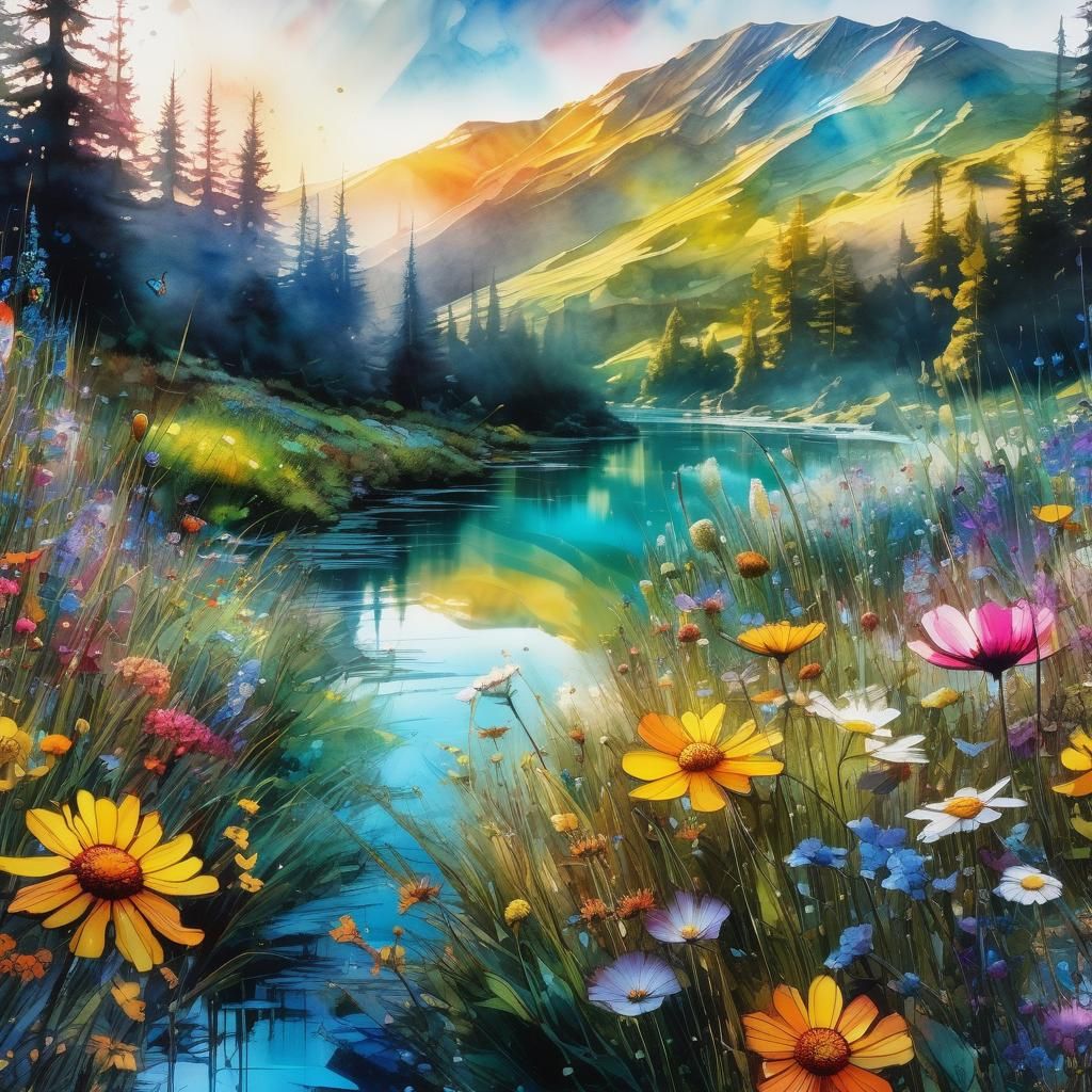 Stained Glass Flower Meadow in 3D Digital Watercolor