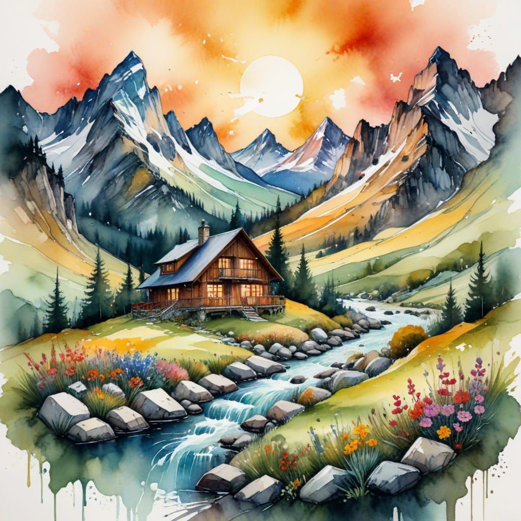 Alpine Sunset Retreat in Watercolor and Ink