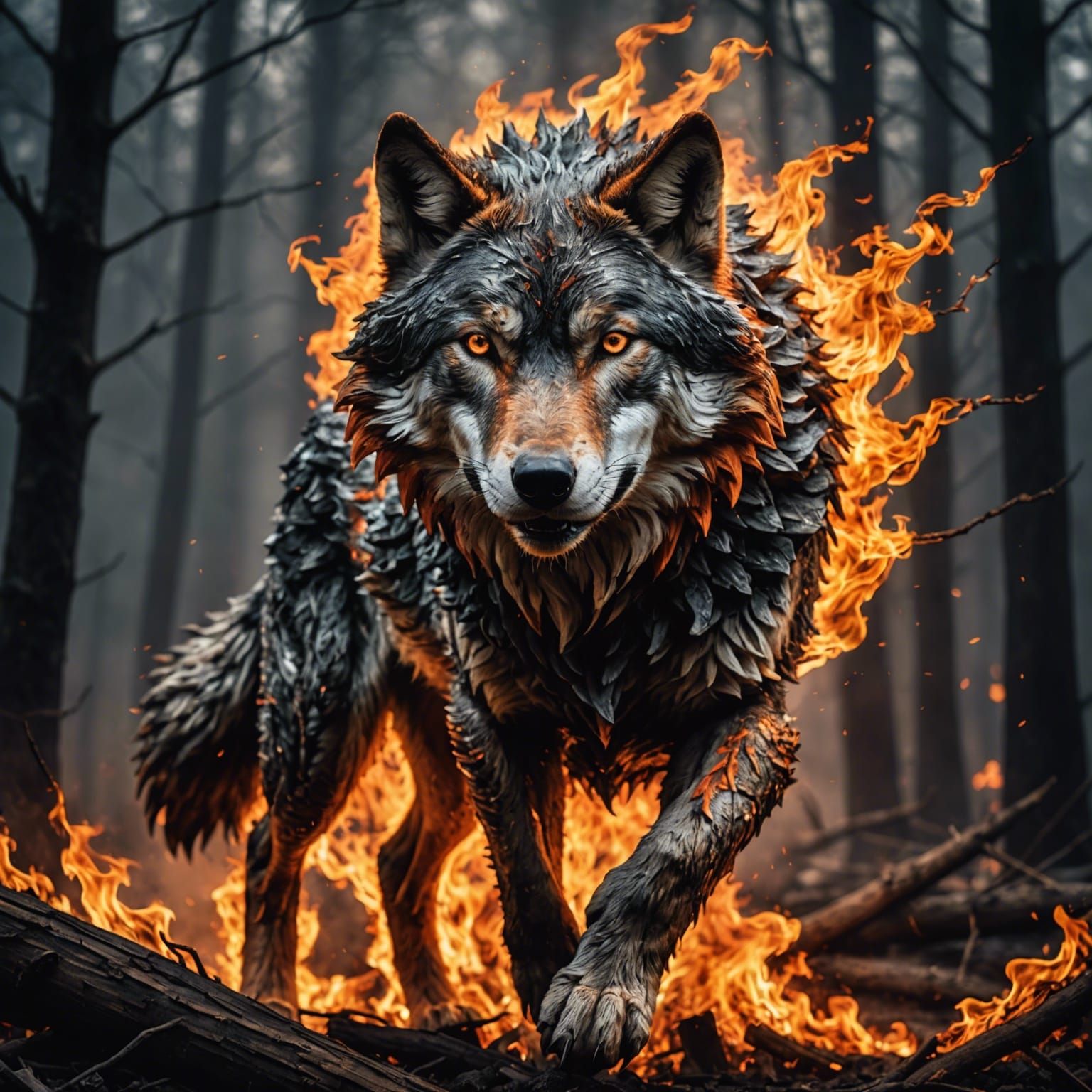 Fiery Wolf Rising: Hyperrealistic Cinematic Image