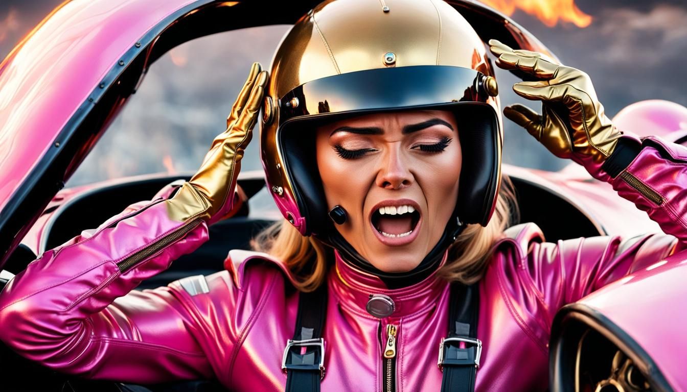 Distressed Woman in Burning Race Car