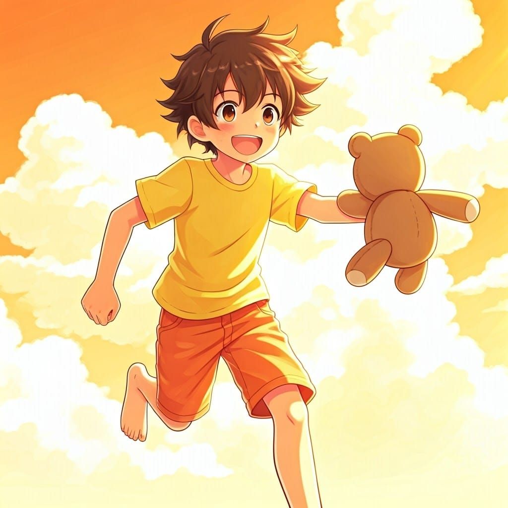 Joyful Boy Runs to Hug His Teddy Bear in a Vibrant Anime Key...