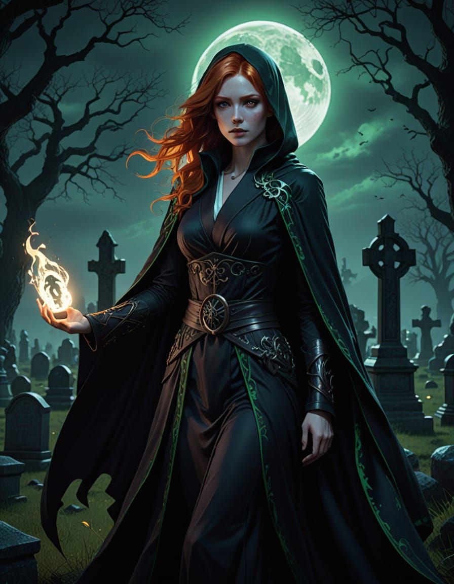 Anime Soul Reaper Woman Poses in Moonlit Graveyard