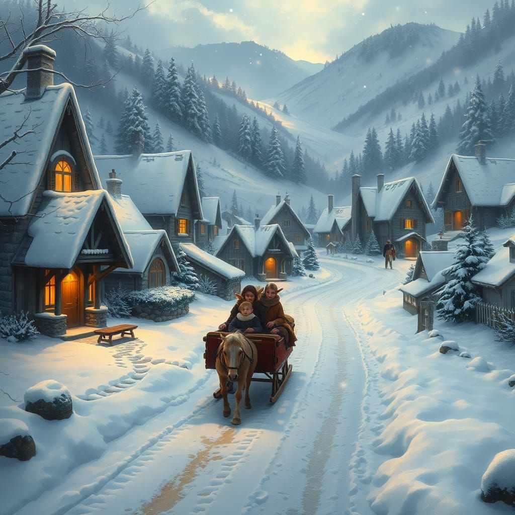 Enchanted Winter Village Sleigh Ride in Photorealistic Style