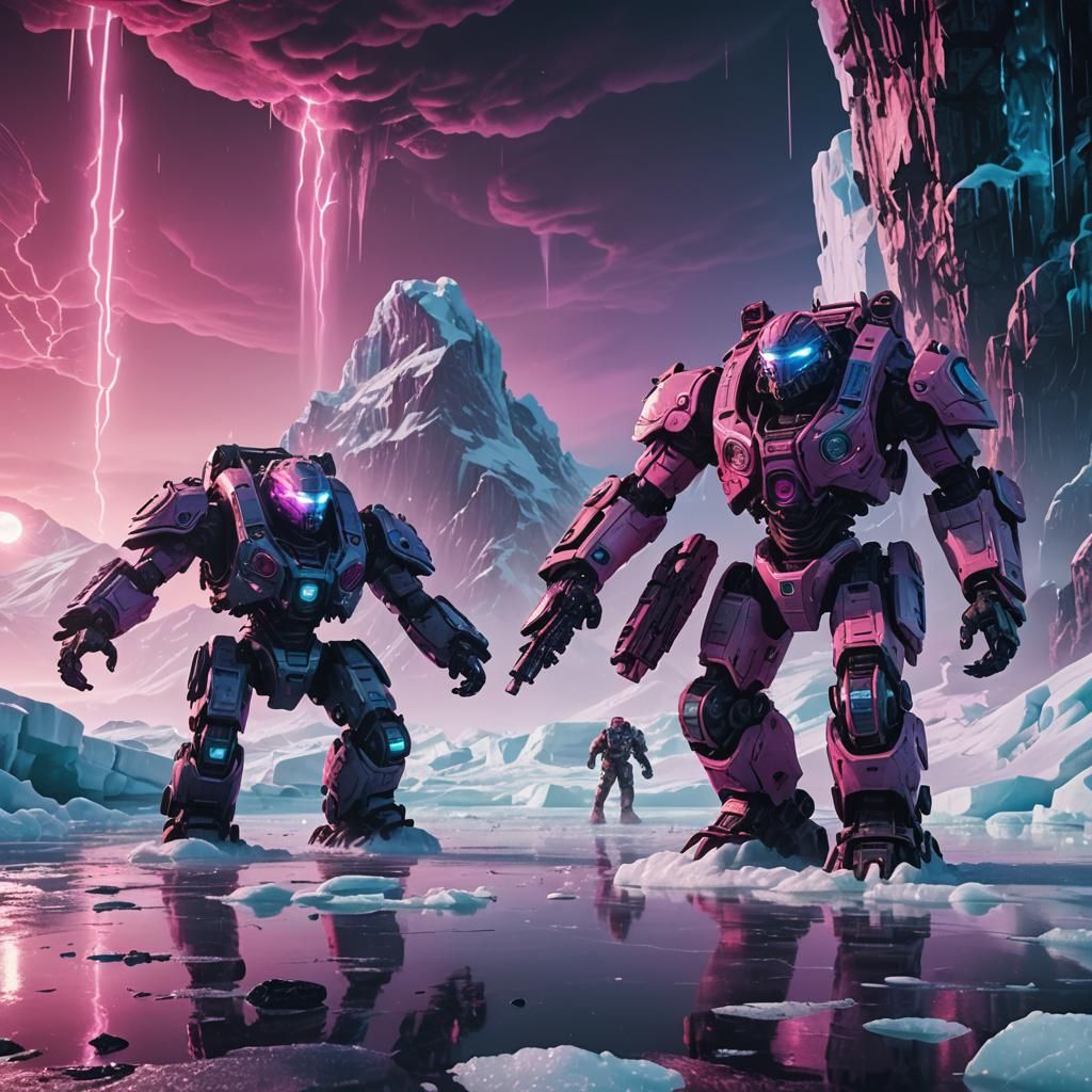 Synthwave Robots Clash on Antarctica's Frozen Battleground