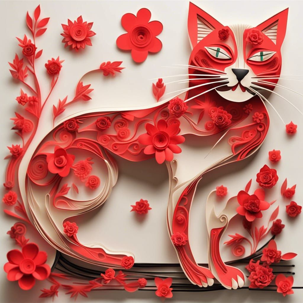 Bio-morphed Cat with Red Paper Flowers
