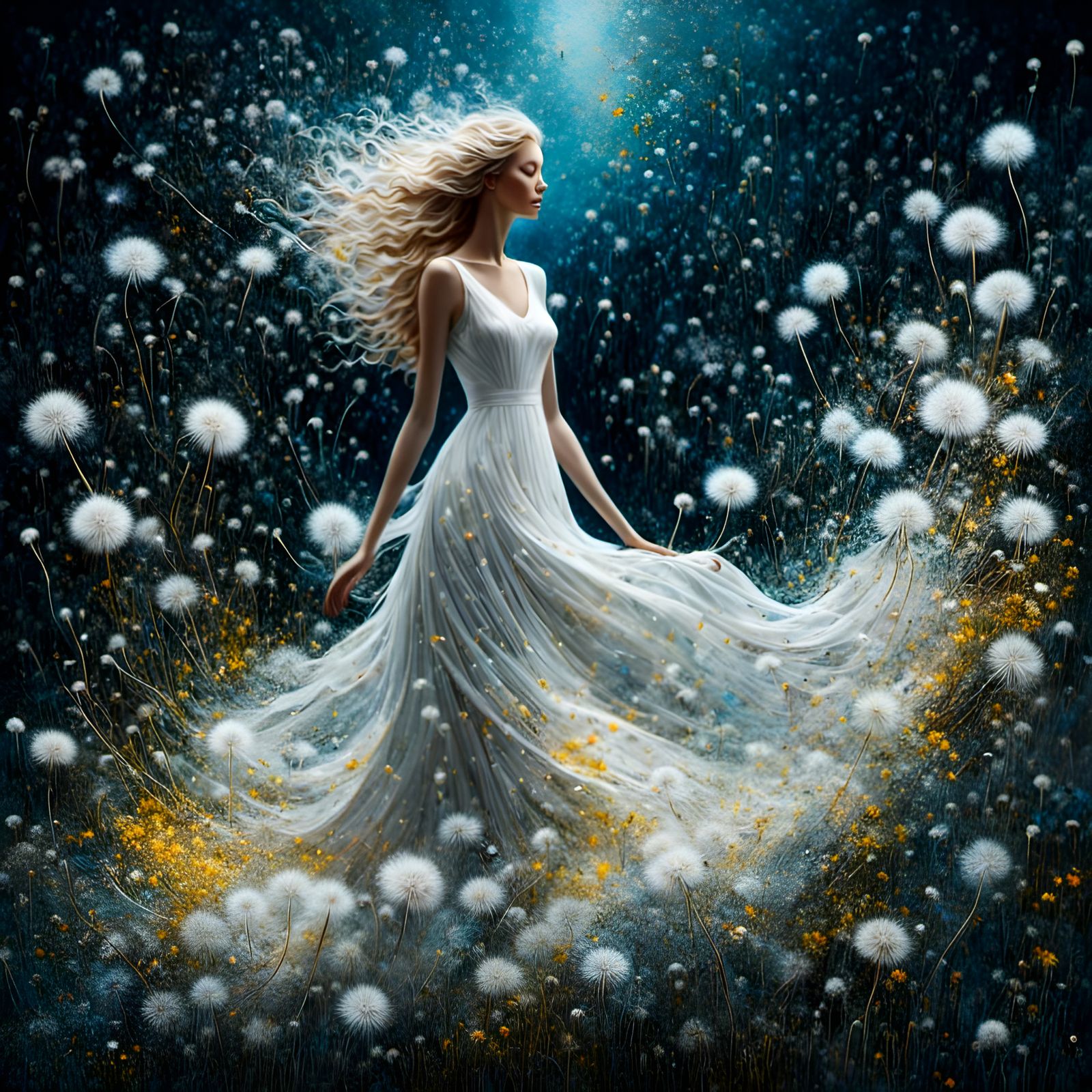 A beautiful artistic painting of a lady in a white dandelion forest at night <lora:WhiteDandelion:1.0> , her dress flowi...