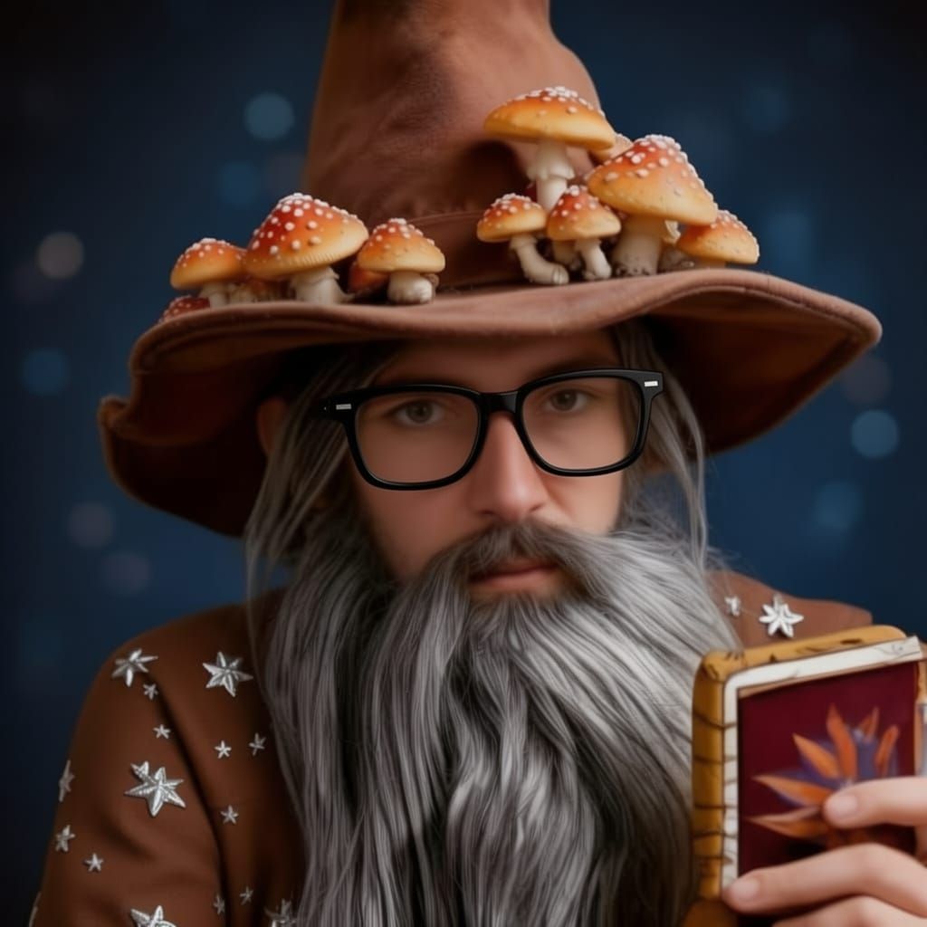 Wizard Takes Selfie With Magic Brick in Cubist Style