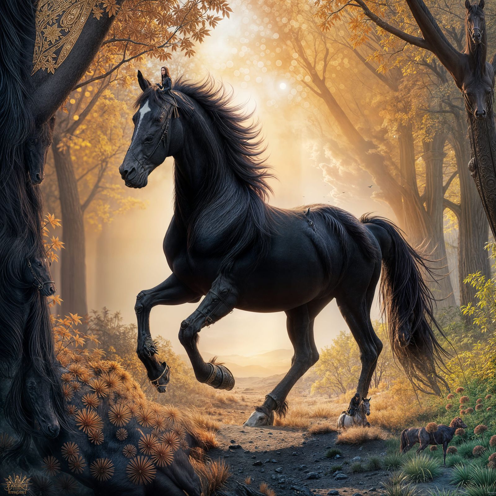 Black Dressage Horse in Mystical Landscape