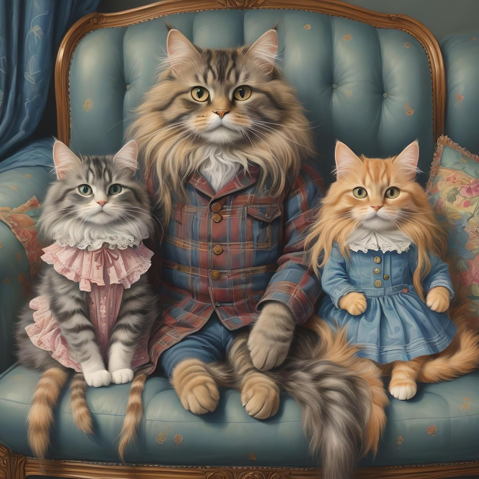 Anthropomorphic Father Cat with Kittens, Louis Wain Style