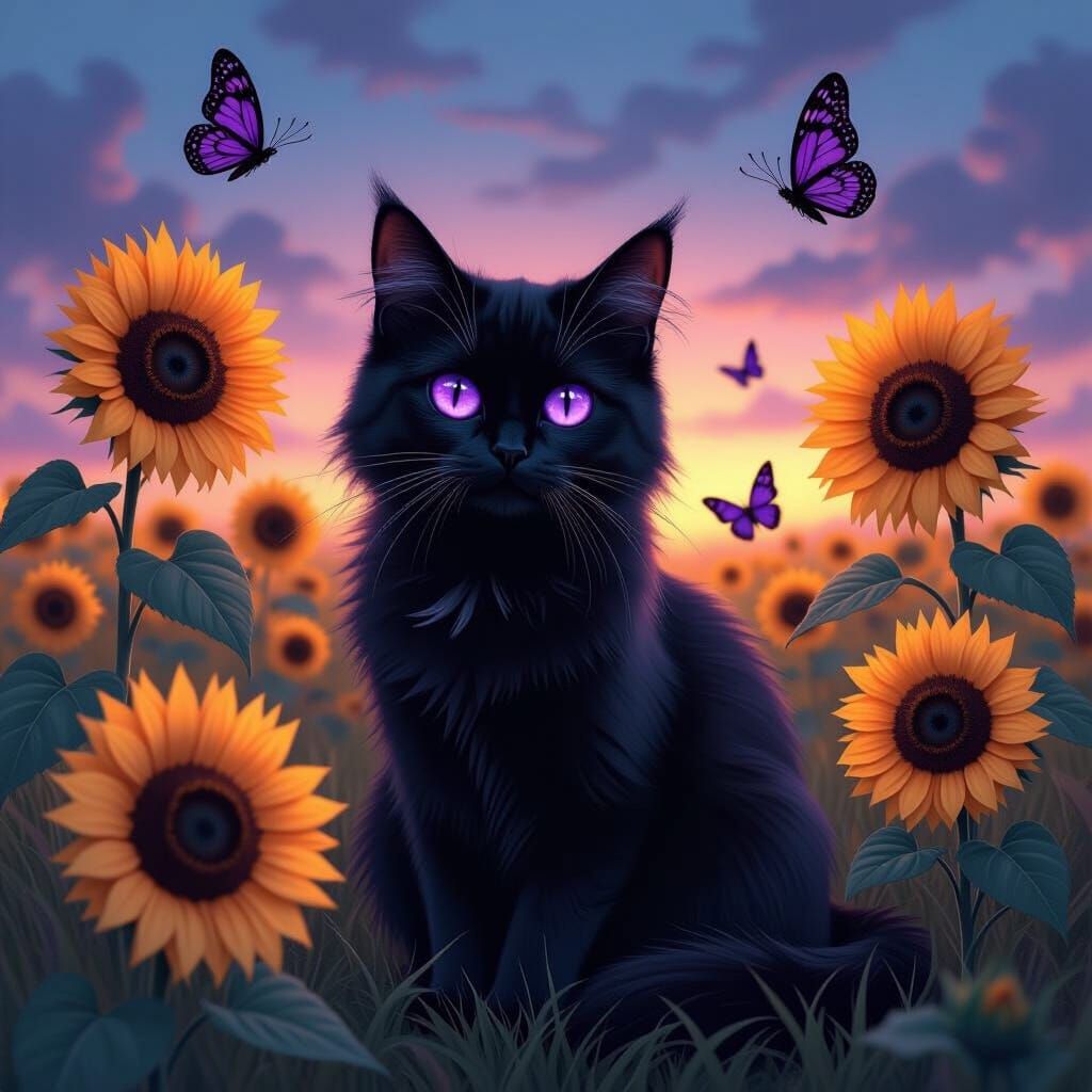 Emo Cat with Purple Eyes in Gothic Sunflower Field