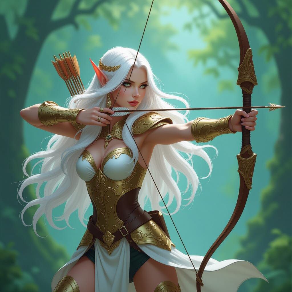 Elven Archer in Gold Armor, Art Nouveau Digital Painting