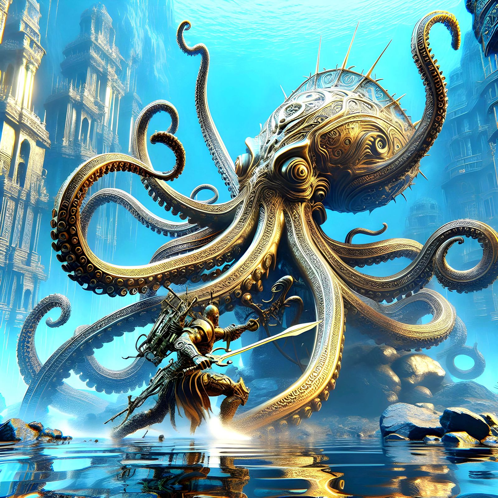 Brass Octopus Battle in Underwater Ruins