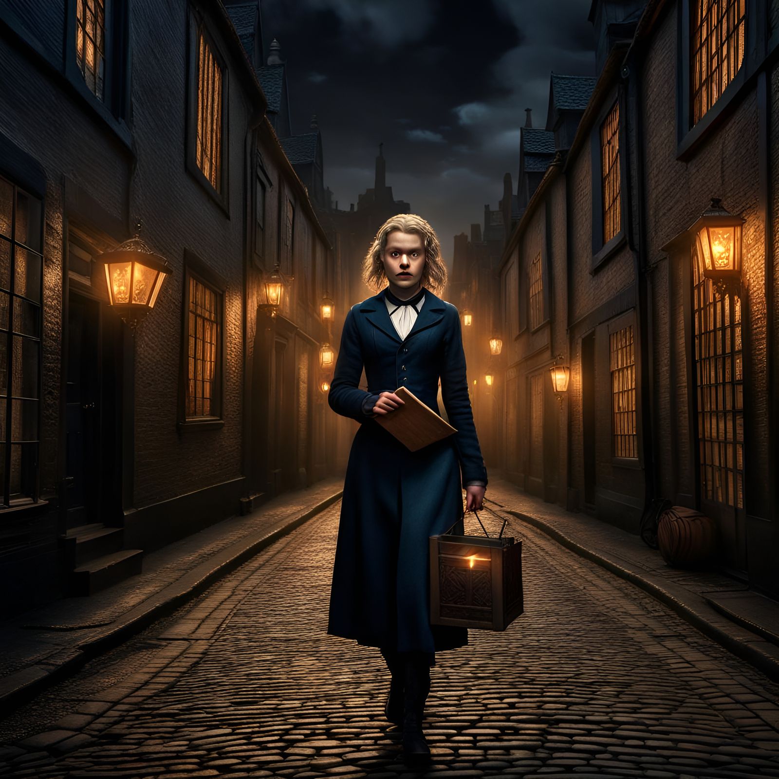 Woman with Clipboard in Candlelit Street, Hyperrealistic
