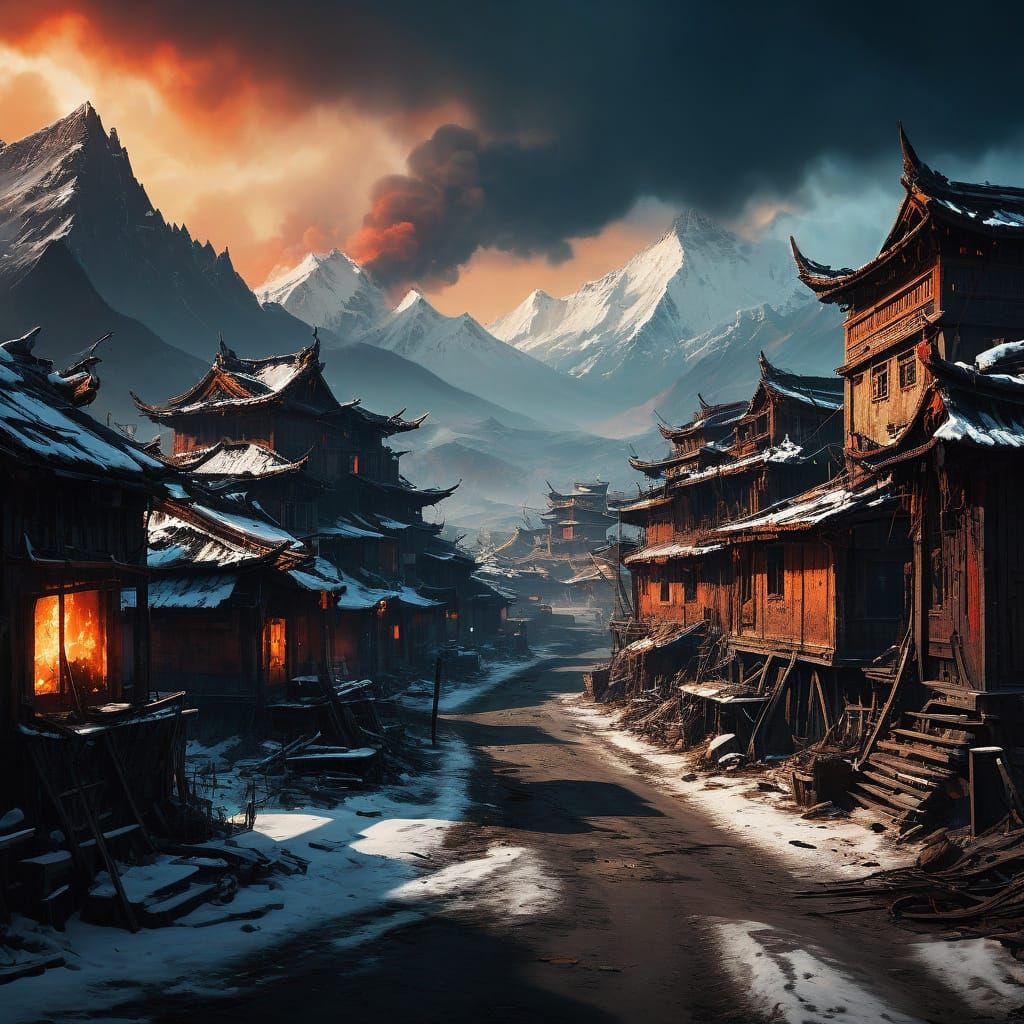 Dark Fantasy Village Ablaze in Cyberpunk Style