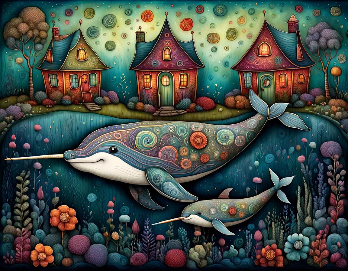 Whimsical Narwhal and Calf