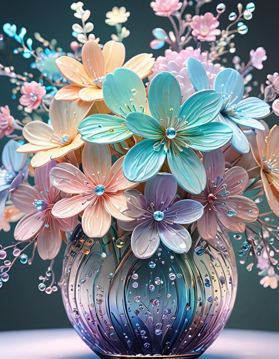 Iridescent Vase with Pastel Crystal Flowers in 3D Anime