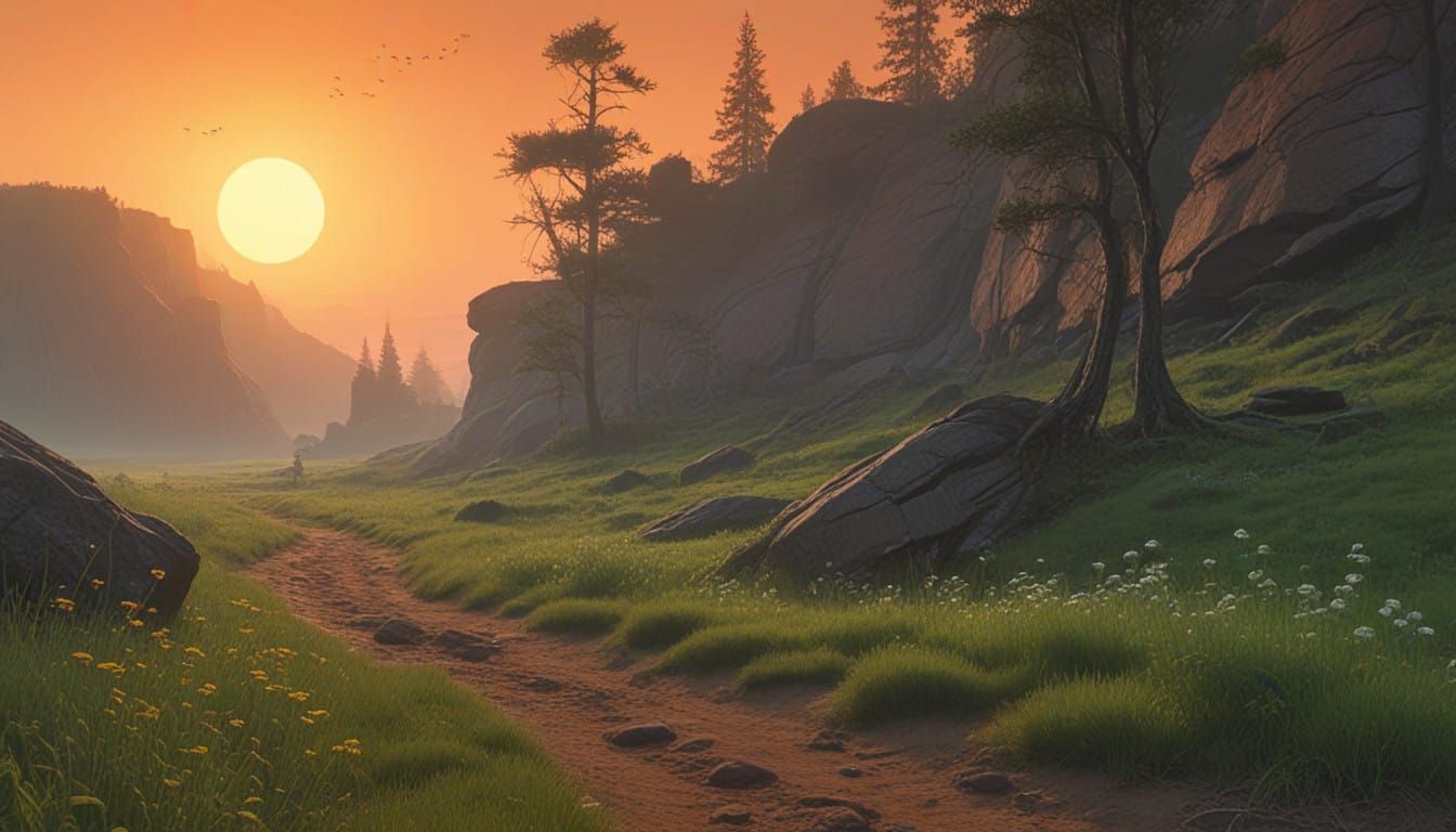 Surreal Landscape Goddess Emerges from Verdant Hills and Val...