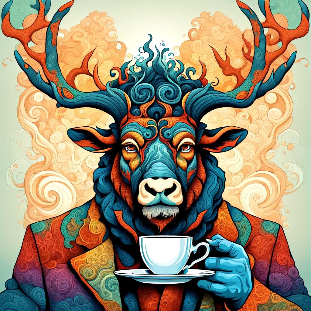 Antlered Englishman Sipping Tea with Abstract Fractals
