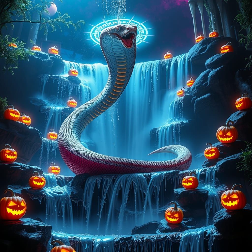 Royal Cobra Emerges from Halloween Vaporwave Waterfall