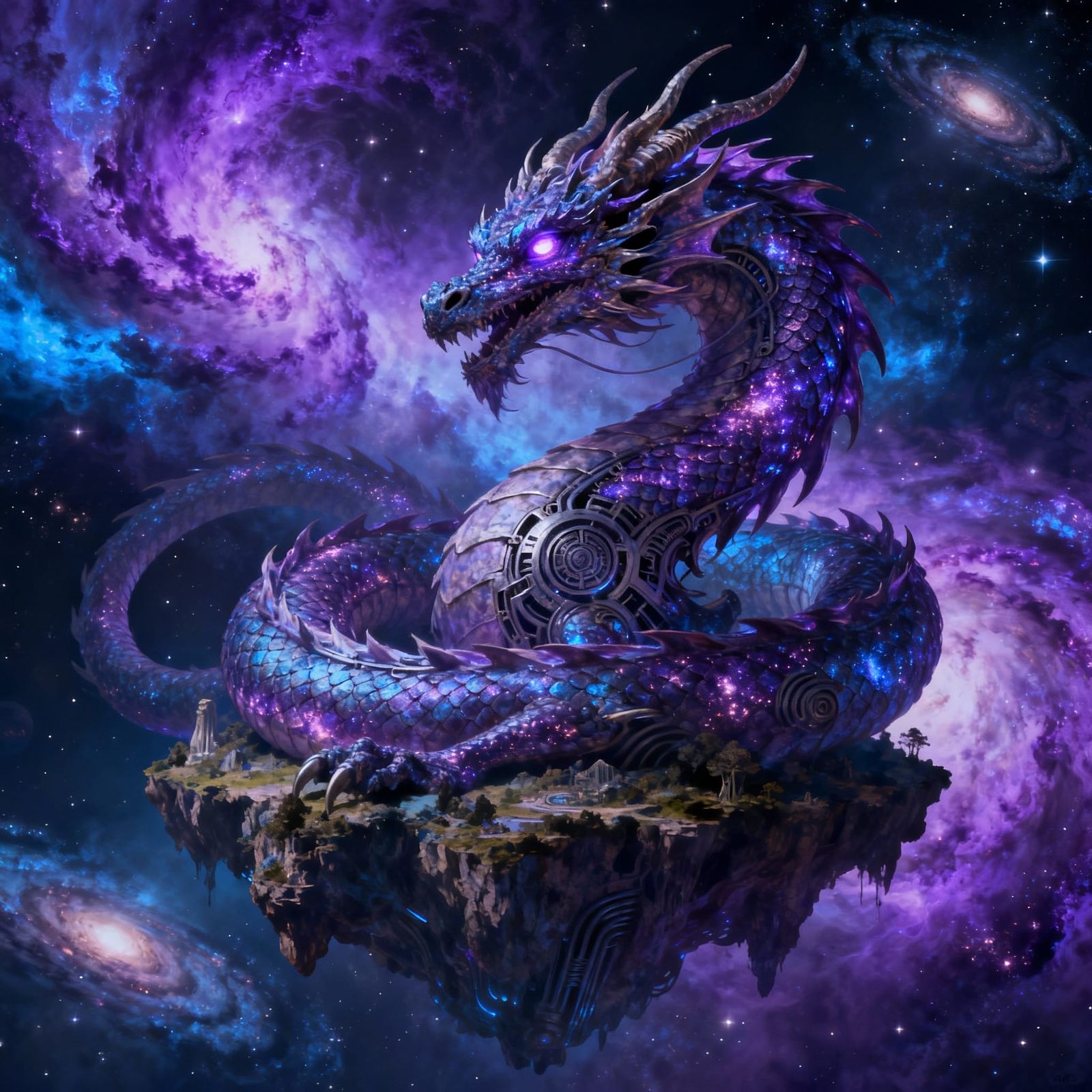 Cosmic Dragon Coils Around Floating Island in Space