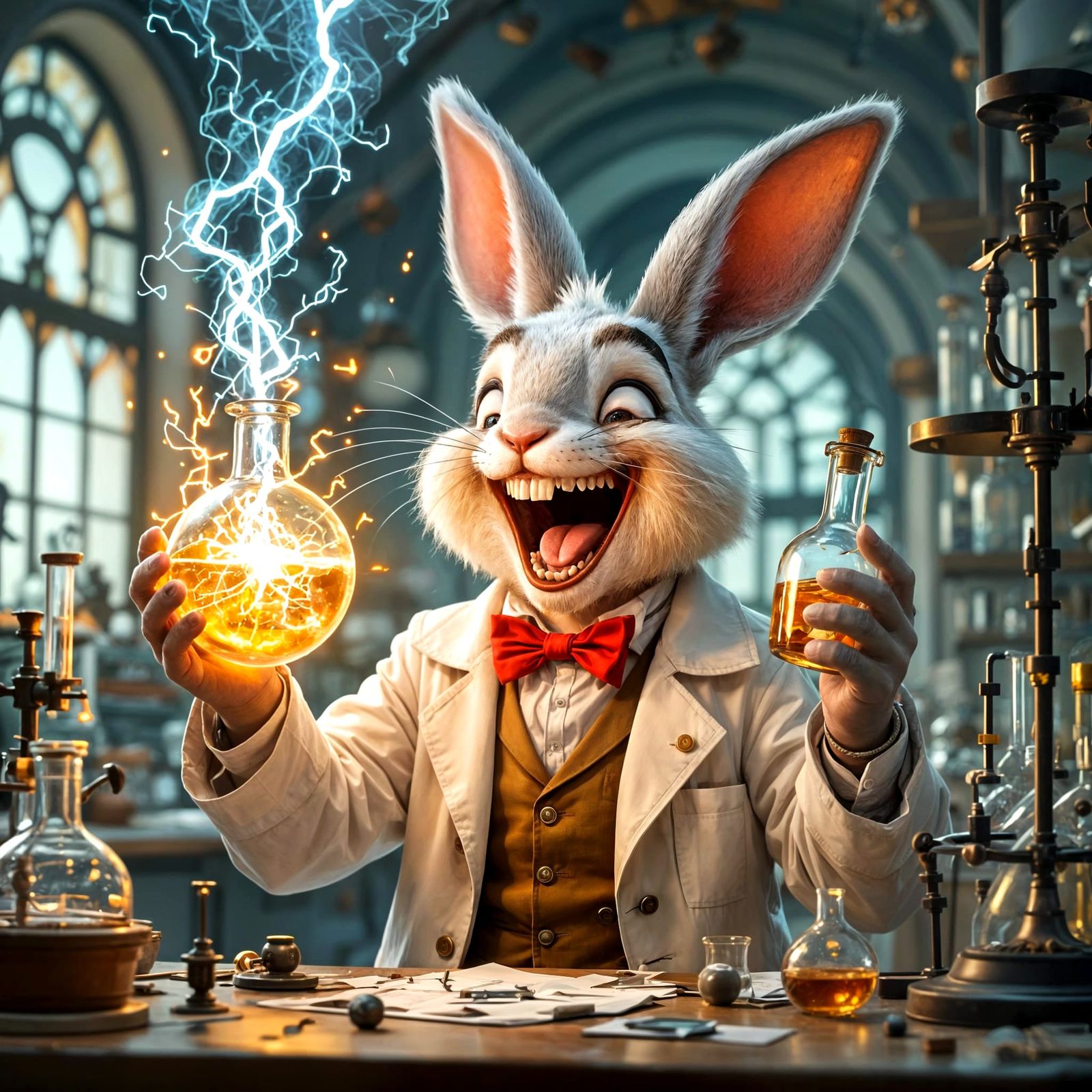 Mad Scientist Rabbit Laughing in Boiling Lightning Lab