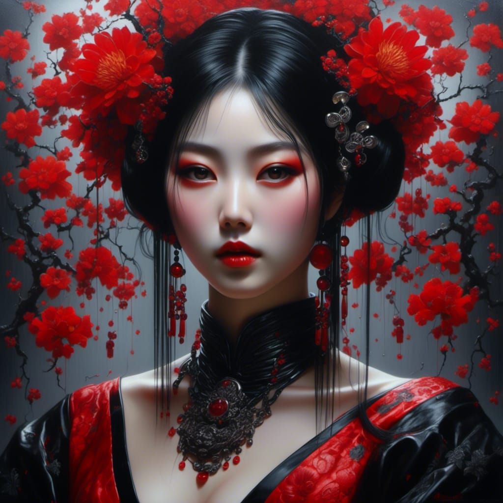 Gothic Geisha in Latex Lingerie: Hyperreal Oil Painting