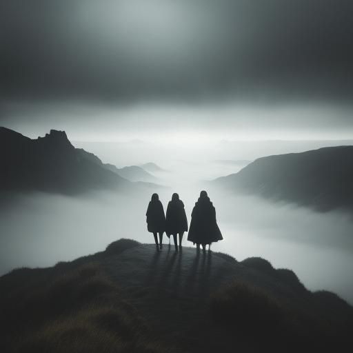 Women on Misty Cliff at Dawn in Film Noir Style