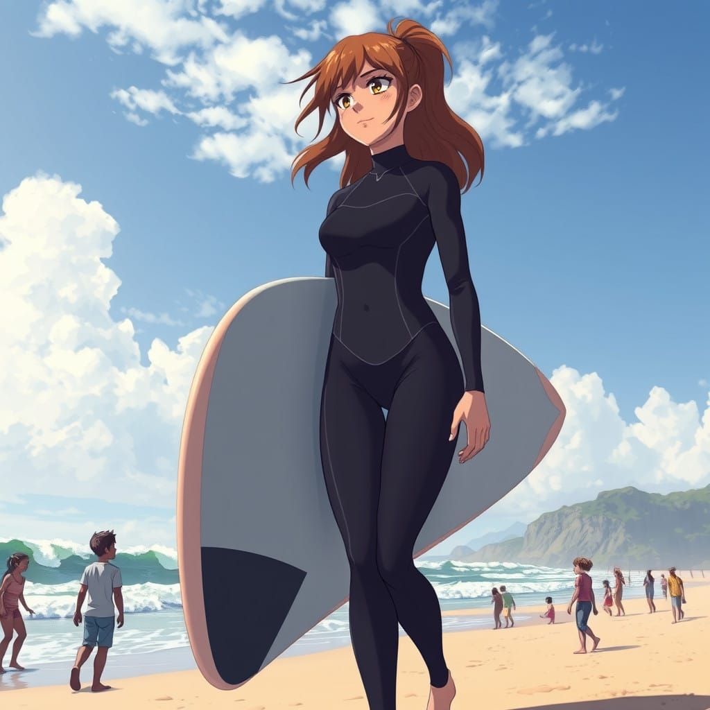 Giant Surfer Goddess Walks the Beach, Tiny Heroes Look Up