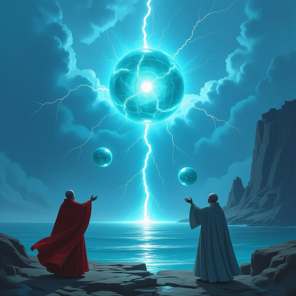Priests Release Energy Spheres Amidst Lightning Storm
