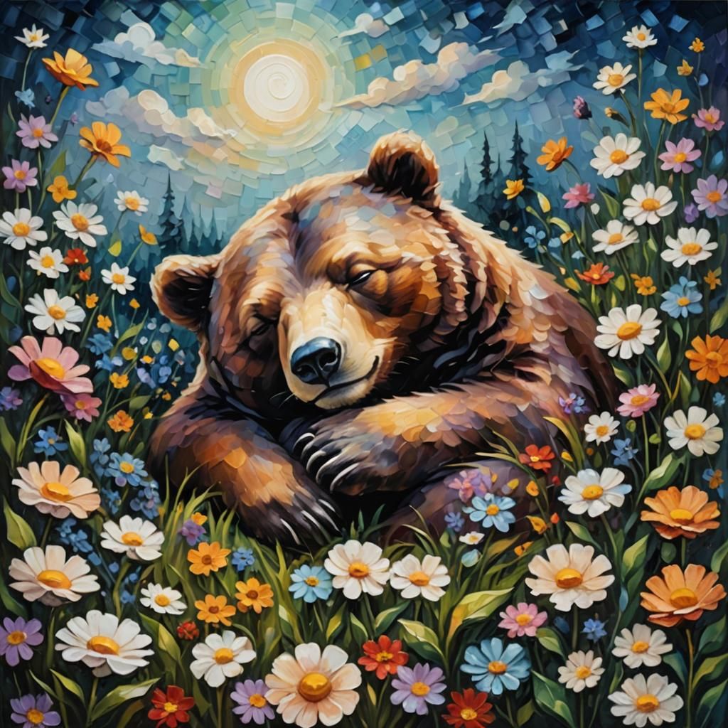 Sleeping Bear in Moonlit Flower Field: Impasto Painting