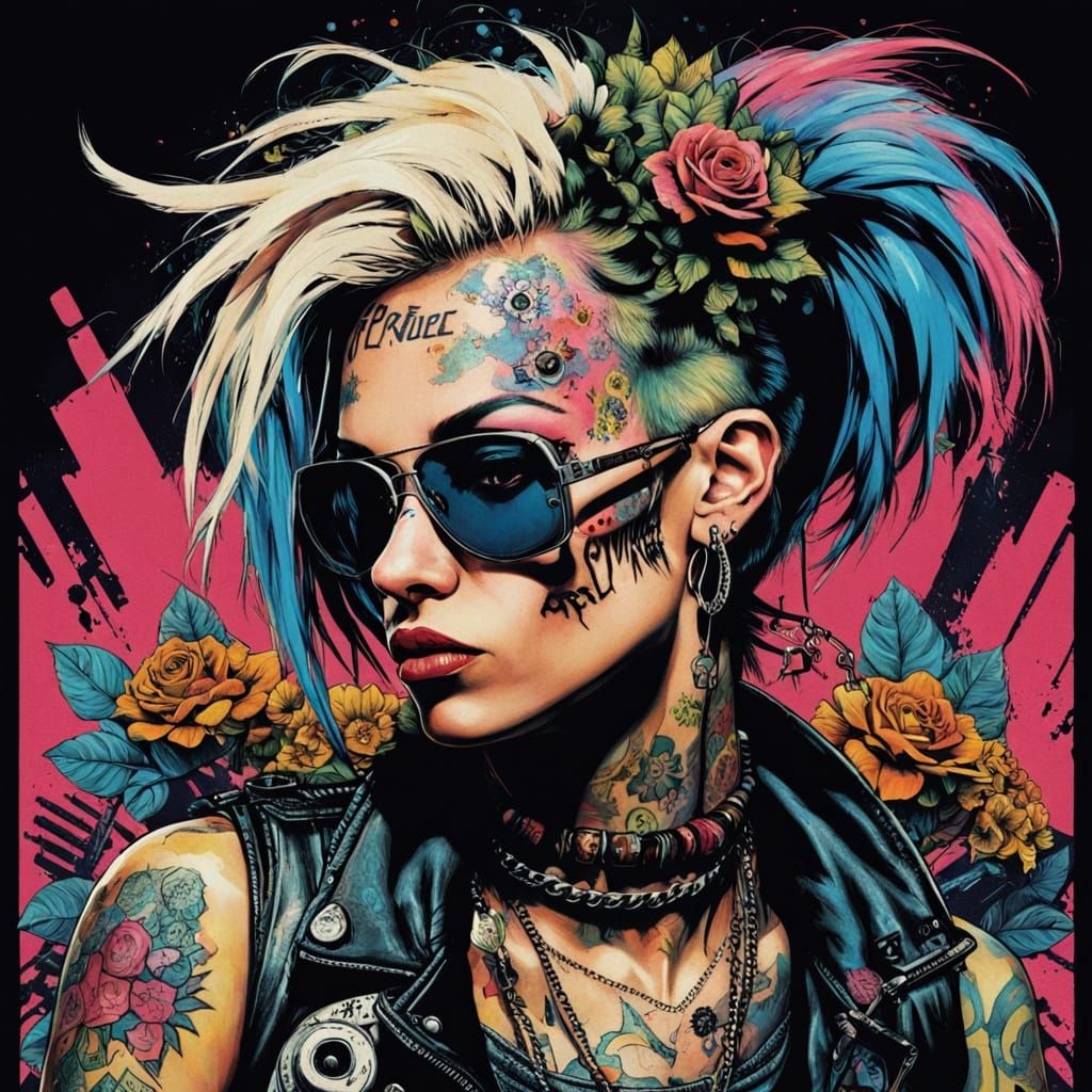 Cyberpunk Rebel Goddess with Vibrant Tattoos and a Glimmer o...