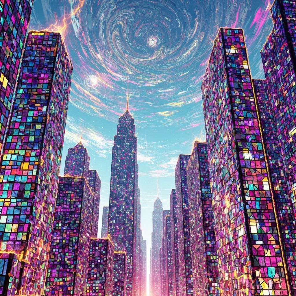 Abstract Stained Glass Cityscape with Neon Energy