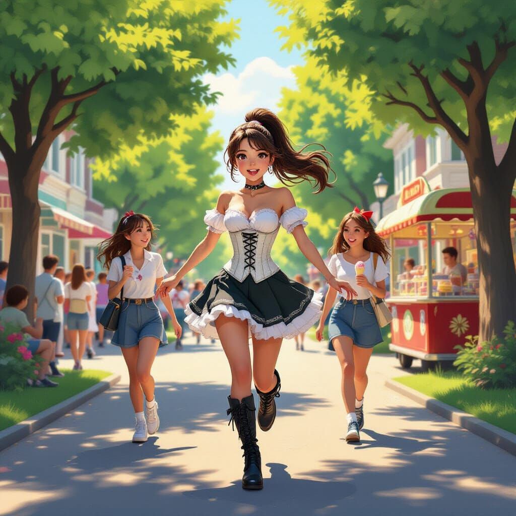 University Girl Runs Through Vibrant Playground with Girlfri...