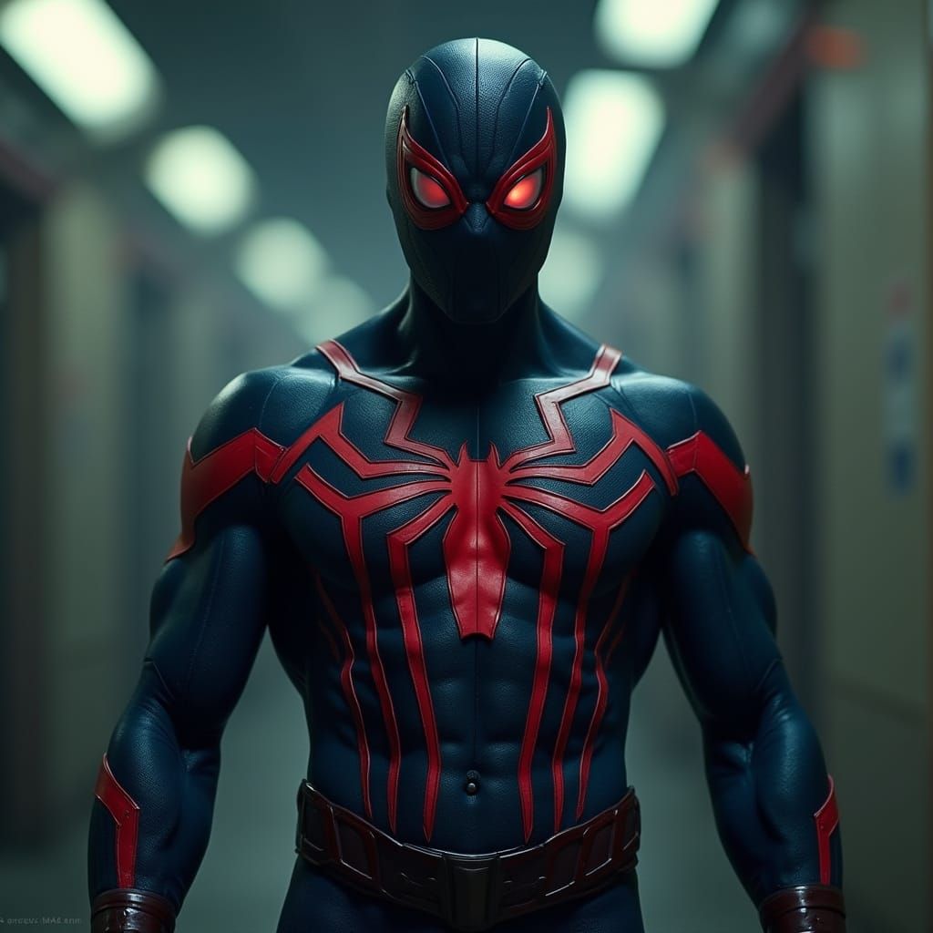 Gothic Spider-Man in Metallic Suit, Cinematic Film Still