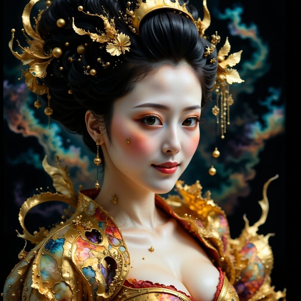 Ethereal Geisha in Ink-Washed Darkness