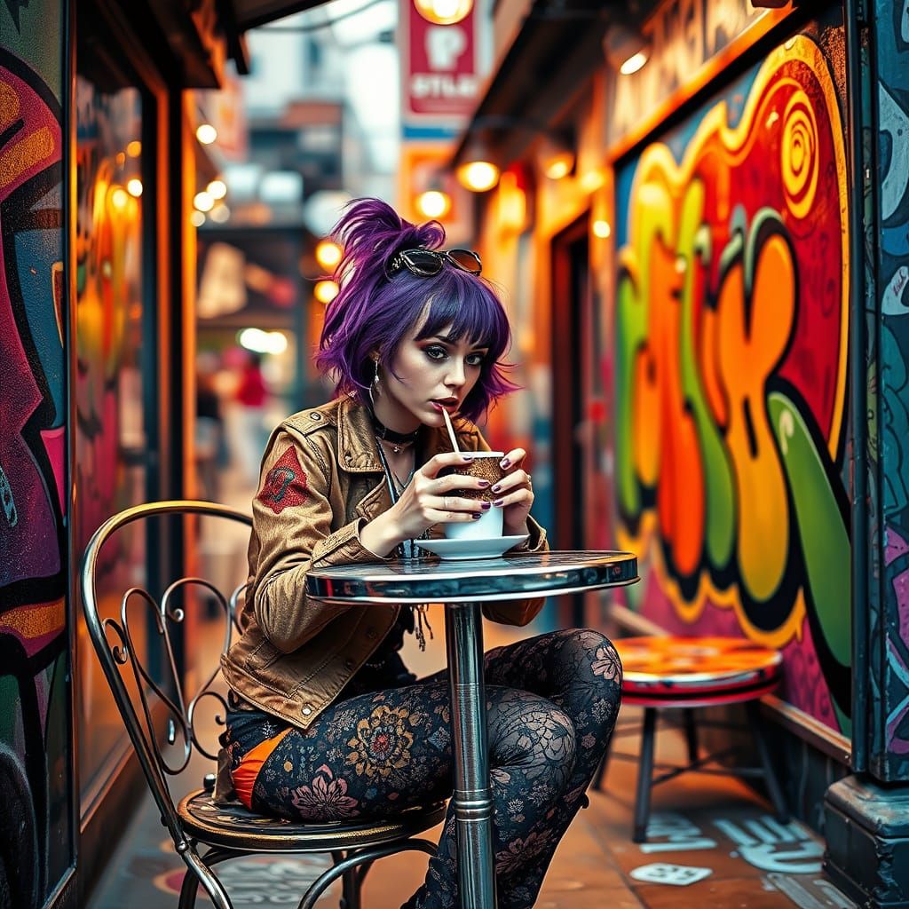 Vibrant City Life: Woman Sits Amidst Dynamic Graffiti in a B...