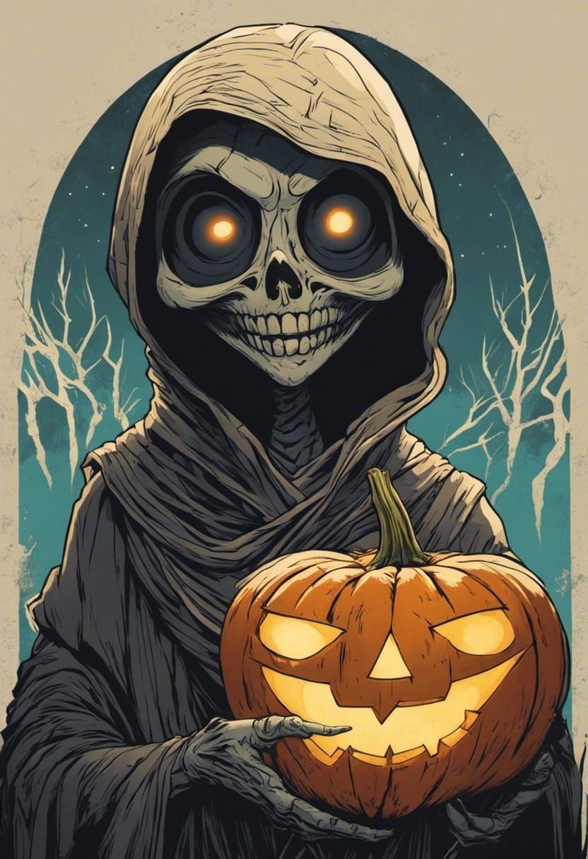Grinning Mummy and Glowing Pumpkin in Inkpunk Style
