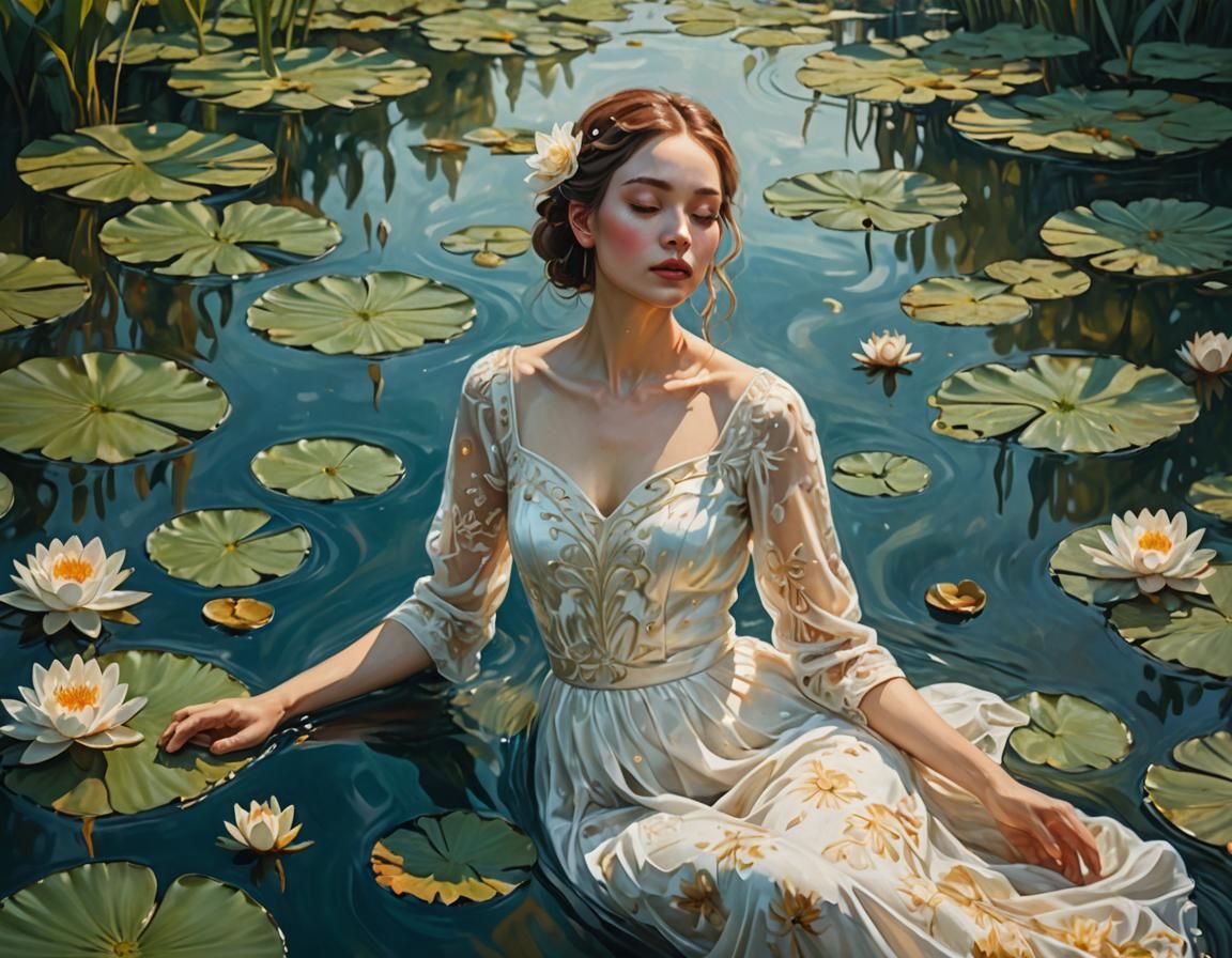 Ethereal Lady in Pond with Water Lilies: Surrealism